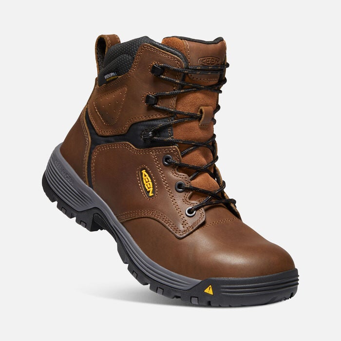 Keen Men's Chicago 6 inch waterproof boots with non-metallic carbon-fiber toes and a black rubber outsole. Single boot view