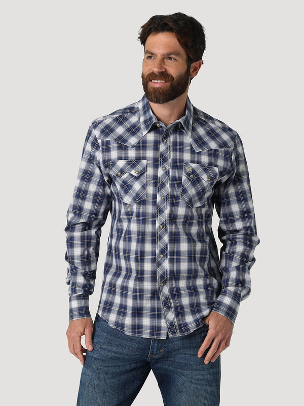 Men's Wrangler 112317119 Retro Long Sleeve Western Snap Plaid Shirt in Blue Plaid