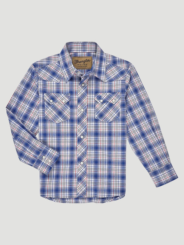Boy's Wrangler 112326346 Retro Blue/White/Red Plaid Western Snap Long Sleeve Shirt