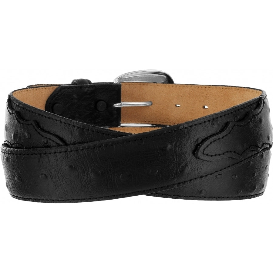 Men's Tony Lama black leather dress belt with an ostrich print texture, overlay accents and a silver-plated buckle. Rear View
