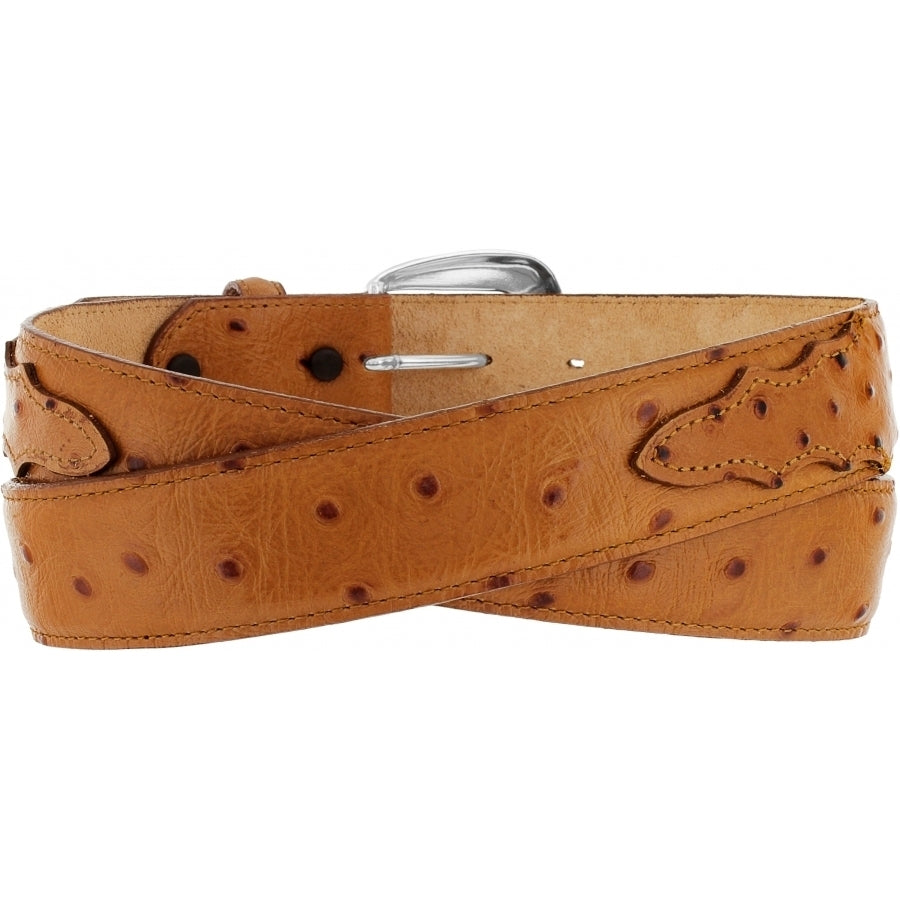 Men's Tony Lama tan ostrich print leather dress belt with a silver-plated buckle. Rear View