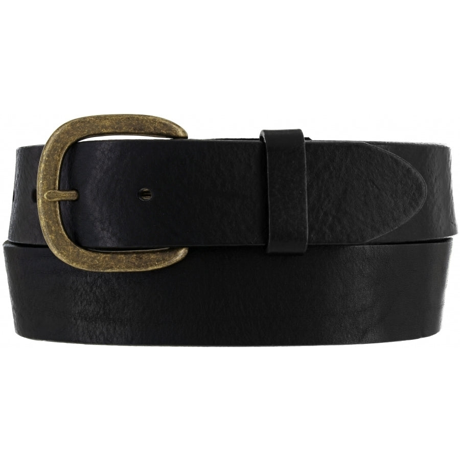 A Men's basic black leather work belt with a brass buckle. Front View