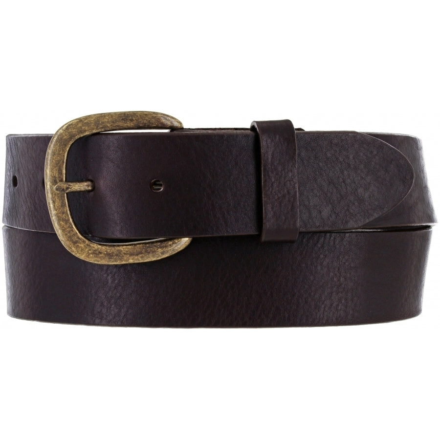 Men's Justin brown leather belt with a brass buckle. Front View