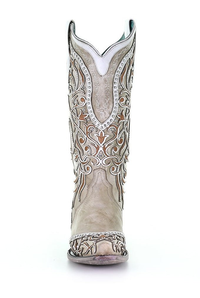 Women's Corral A3837 13" White Overlay & Embroidery with Studs & Crystals Snip Toe (SHOP IN-STORE TOO)
