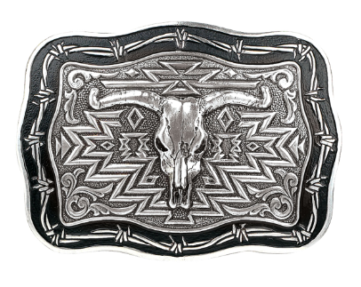 A rectangular belt buckle with a southwestern design featuring a cow skull and barbed wire edging.
