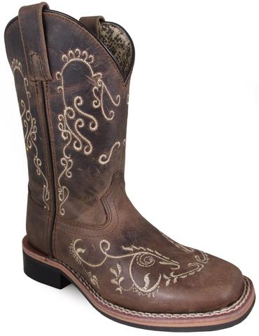 A girl's brown leather cowboy boot with scroll embroidery and a square toe. Angled side view