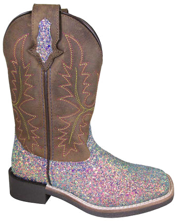 A girl's square toe boot with pastel glitter on the foot and brown man-made shaft material, a low heel, a square toe, a natural double welt, and a black rubber outsole and heel.