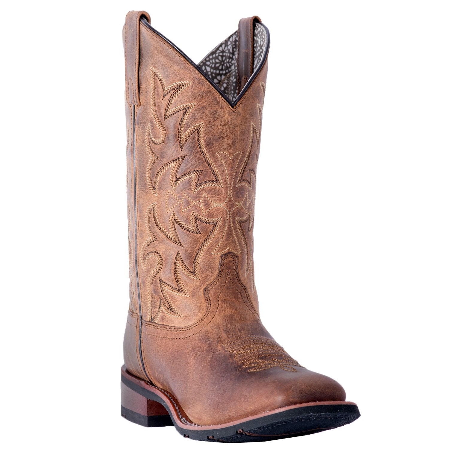 A profile view of a women's Laredo 5602 11 inch tan leather boot with a square toe and floral embossing on the shaft.