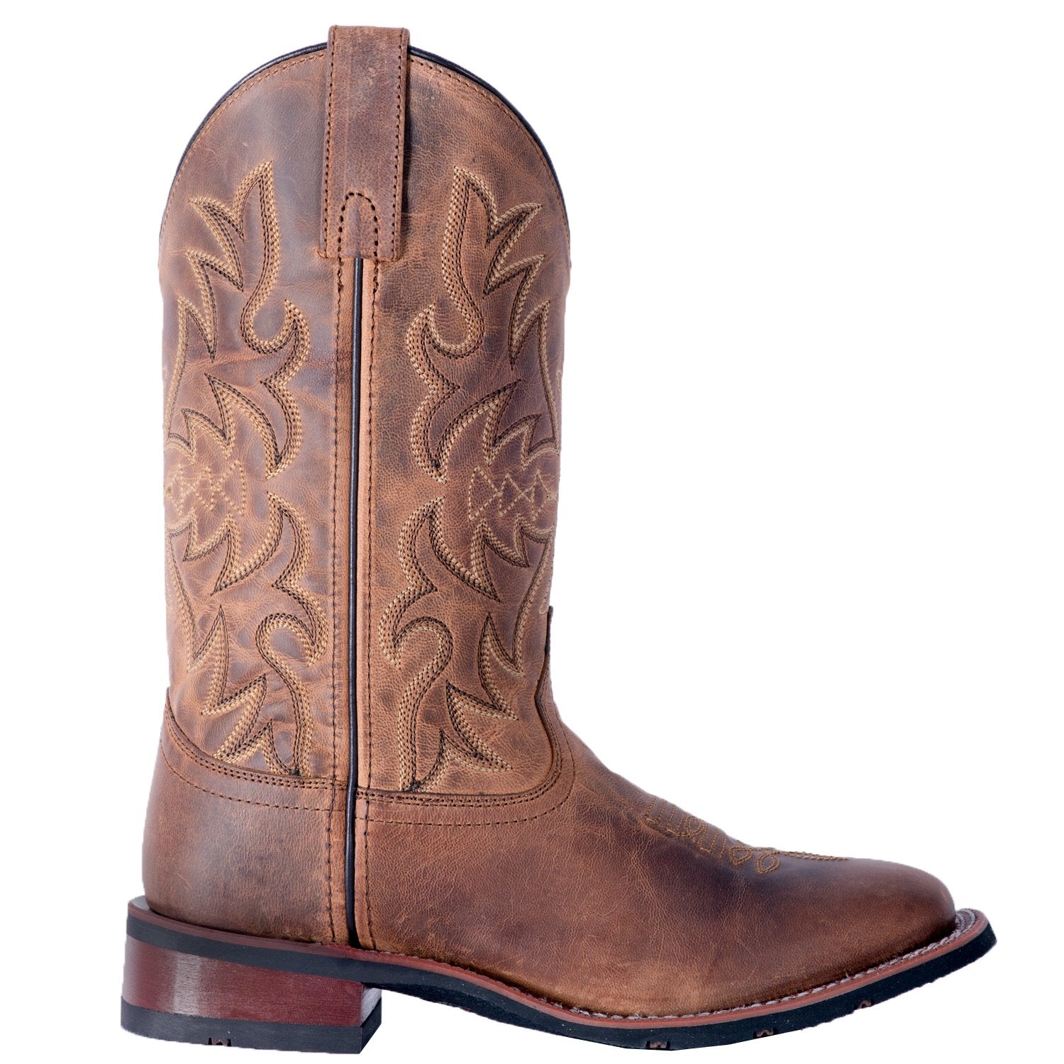 A side view of a women's Laredo 5602 11 inch tan leather boot with a square toe and floral embossing on the shaft.