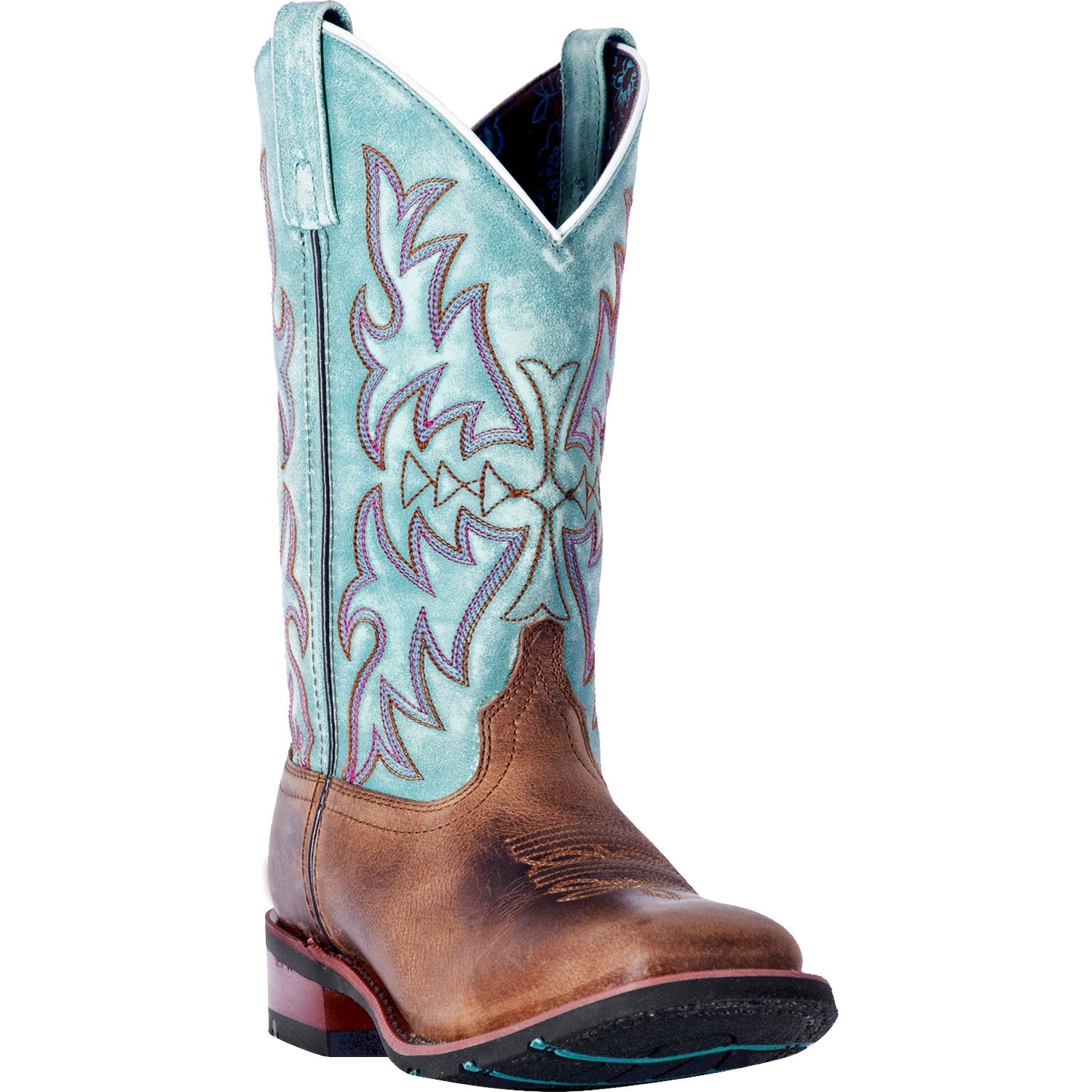A profile view of a women's Laredo 5607 11" Tan Anita Leather Wide Square Toe Boot with blue embroidery on the shaft.