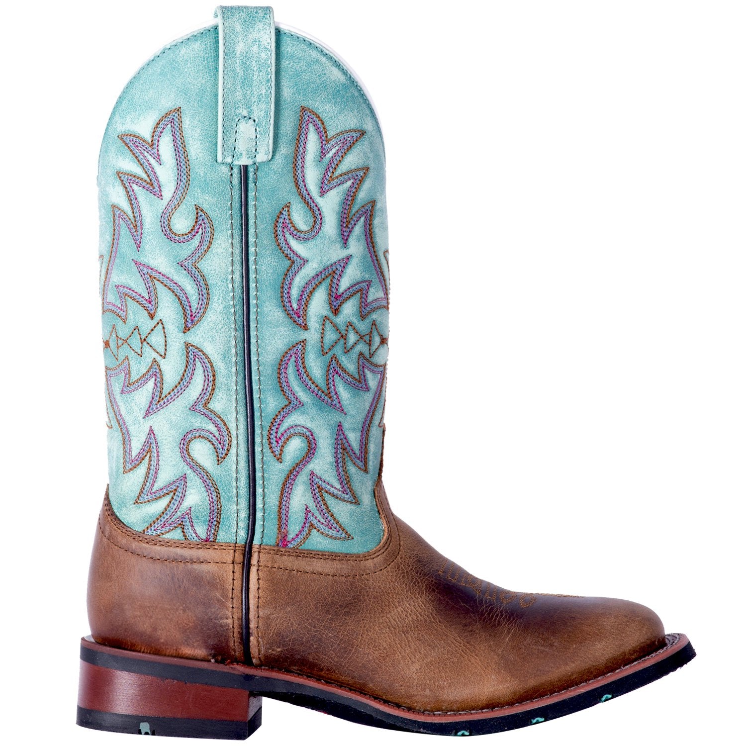 A side view of a women's Laredo 5607 11" Tan Anita Leather Wide Square Toe Boot with blue embroidery on the shaft.