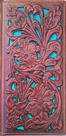Brown tooled leather tall wallet with Turquoise inlay. Front View