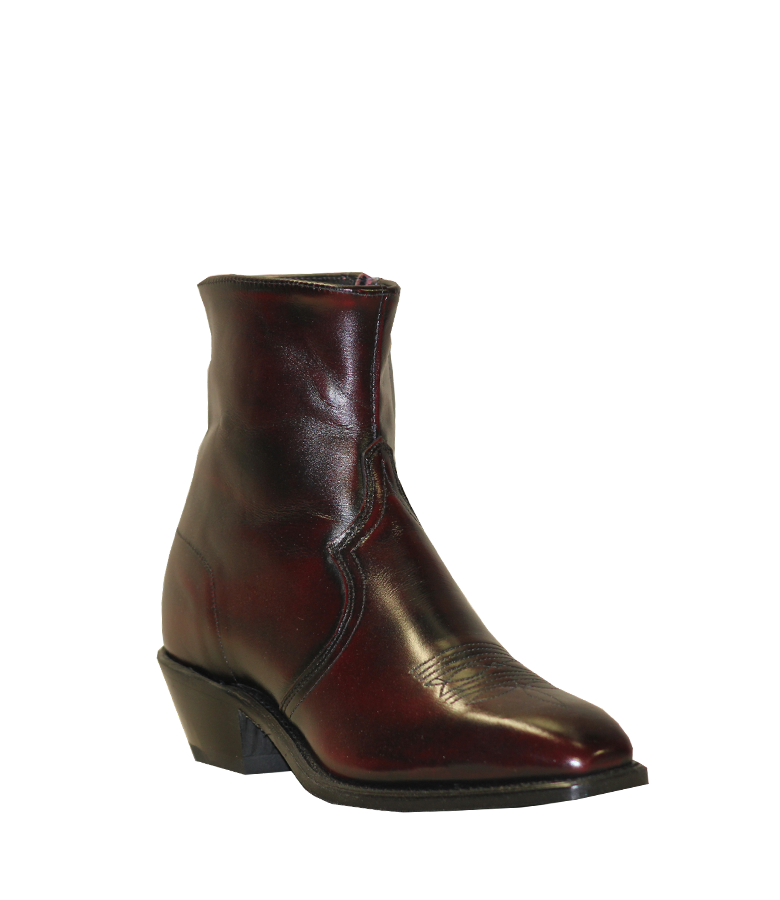 A men's short side zip square toe boot in black cherry color with a rubber outsole and a 1 1/2 inch western heel.