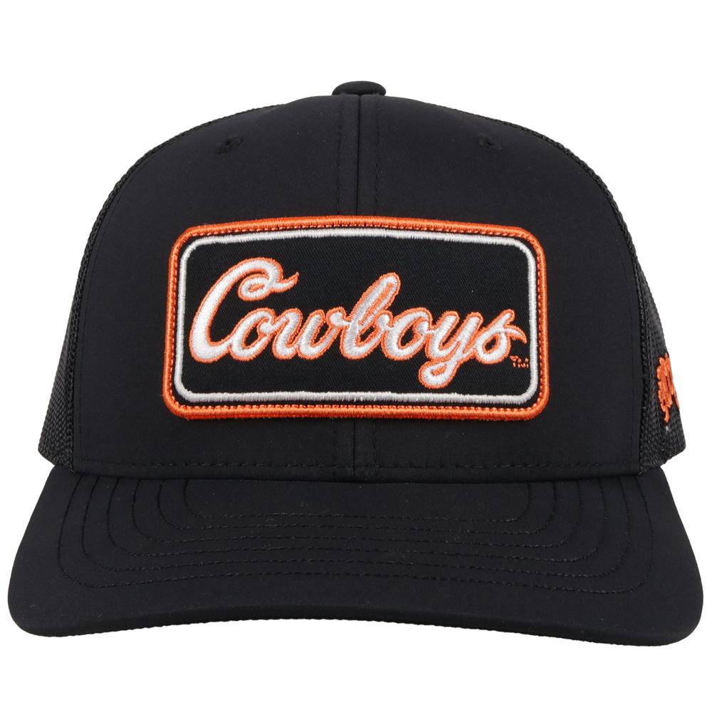 Hooey x Oklahoma State University Cowboys Black 6 panel snapback trucker cap with mesh back. Features a Cowboys patch on front and a small Hooey logo on side. Front view stock photo.