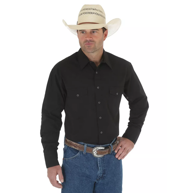Men's Wrangler 71105BK Black Long Sleeve Solid Broadcloth Western Snap Shirt