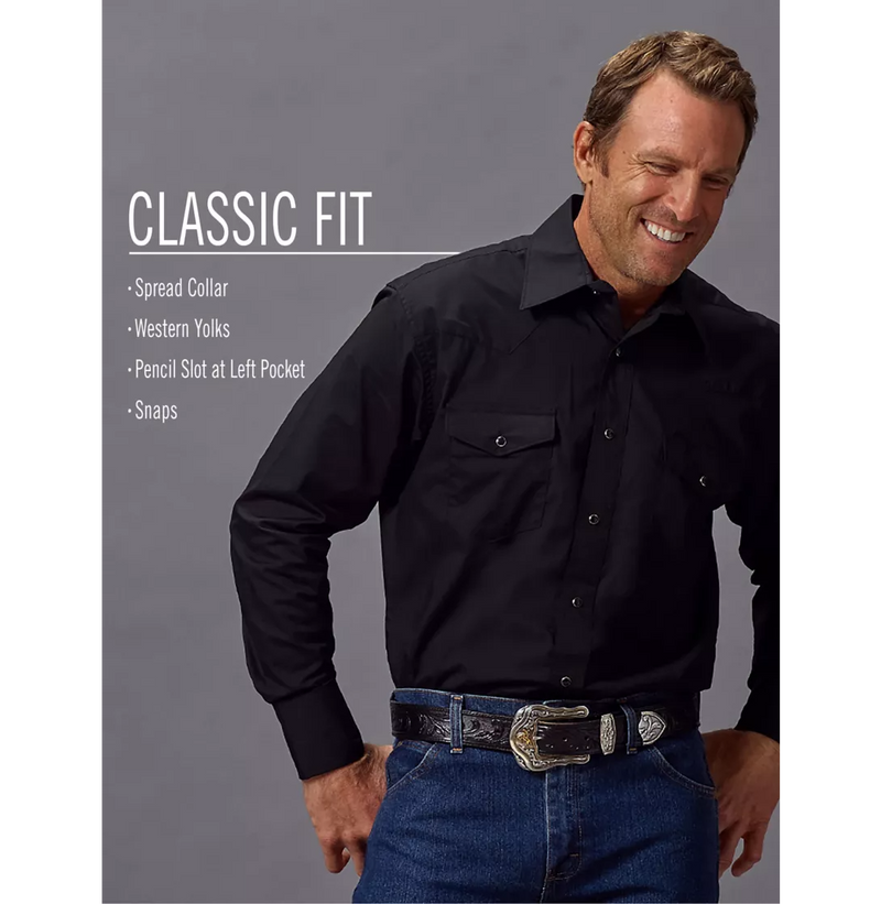 Men's Wrangler 71105BK Black Long Sleeve Solid Broadcloth Western Snap Shirt