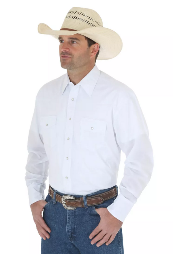 Men's Wrangler 71105WH White Long Sleeve Solid Broadcloth Western Snap Shirt