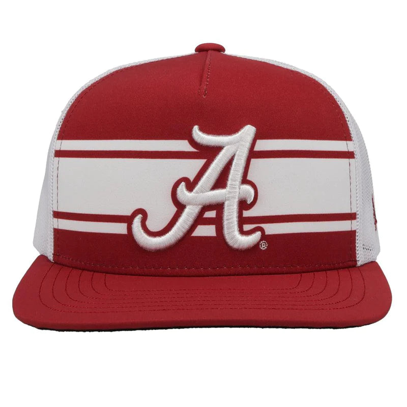 Hooey x University of Alabama A logo Crimson and White snapback trucker cap. Embroidered A logo on front, small H logo on side, white mesh back with red snapback with small Alabama tag. Full front view stock photo.