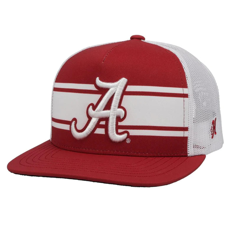 Hooey x University of Alabama A logo Crimson and White snapback trucker cap. Embroidered A logo on front, small H logo on side, white mesh back with red snapback with small Alabama tag. Front view stock photo