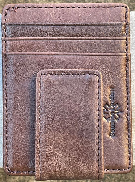 This brown full grain leather money clip from Top Notch Accessories features an ID slot and multiple card slots.