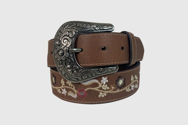 Women's Cowgirls Rock Brown Belt with Floral Embroidery