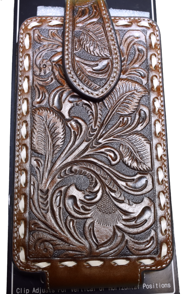 A brown floral embossed leather cell phone case with ivory buck laced edges and a swivel clip.
