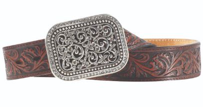 A women's Ariat belt with a brown embossed strap and an ornate silver tone buckle.