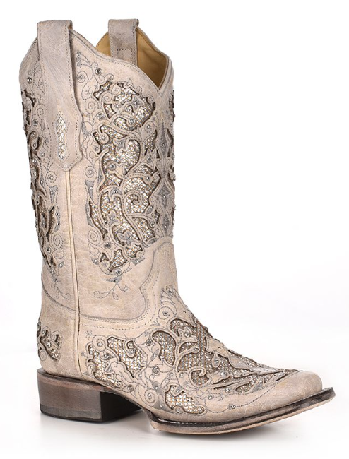 Women's Corral off-white boot with white glitter leather inlay on vamp and shaft, clear crystals as accents, narrow square toe, and a low heel. Right side angled view.