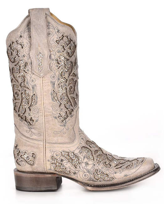 Women's Corral off-white boot with white glitter leather inlay on vamp and shaft, clear crystals as accents, narrow square toe, and a low heel. Right side view.