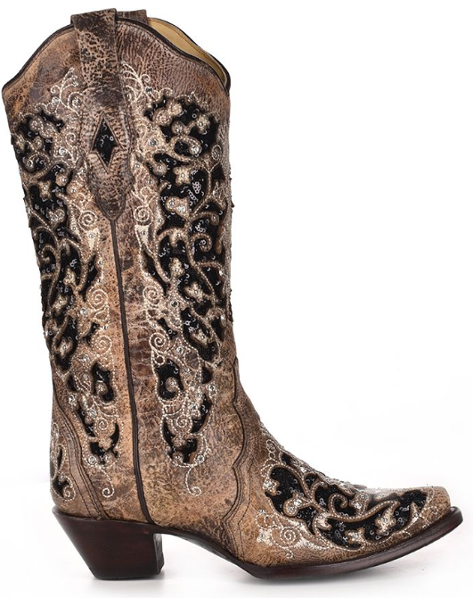 Women's Corral A3569 13" Brown Boots with Black Sequin Inlay Snip Toe (SHOP IN-STORES TOO)