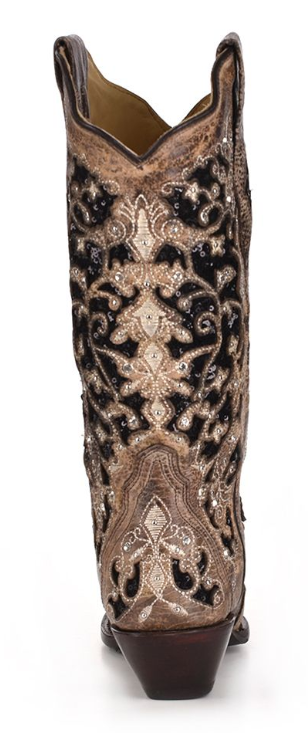 Women's Corral A3569 13" Brown Boots with Black Sequin Inlay Snip Toe (SHOP IN-STORES TOO)