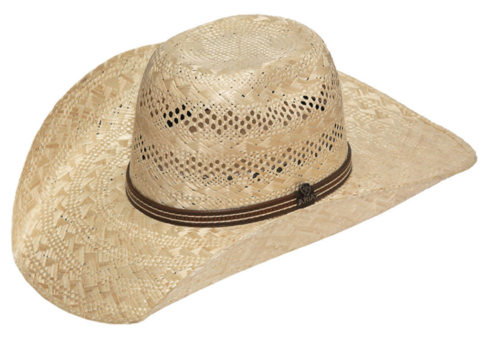 A beige Ariat western style straw hat with a leather sweatband and a decorative hatband.