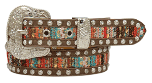 Girls' brown western belt with fabric inlay, silver dots lining the sides, and a 3-piece buckle set.
