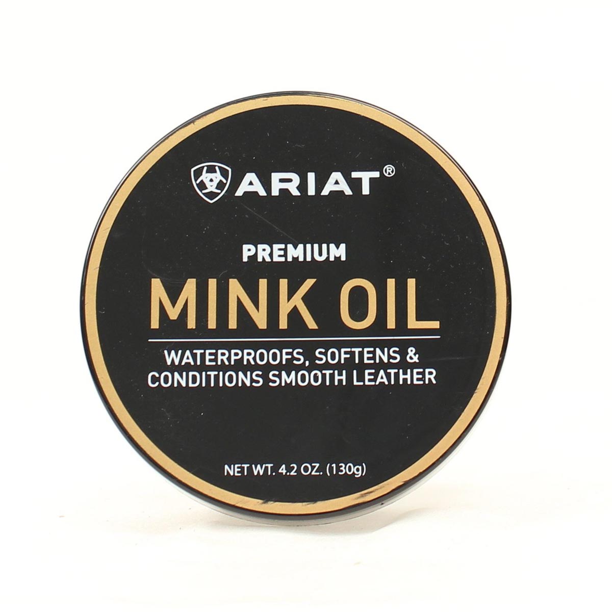 Ariat Mink Oil Paste in metal container. It is a premium product for waterproofing, softening, and conditioning smooth oil-tanned leather.