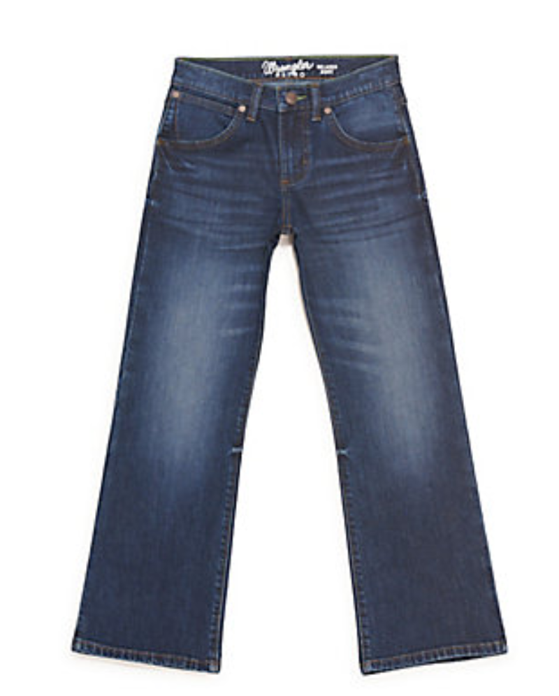 Front view of a pair of Wrangler boys' retro relaxed fit bootcut jeans, displaying two front pockets and front button/zipper closure.