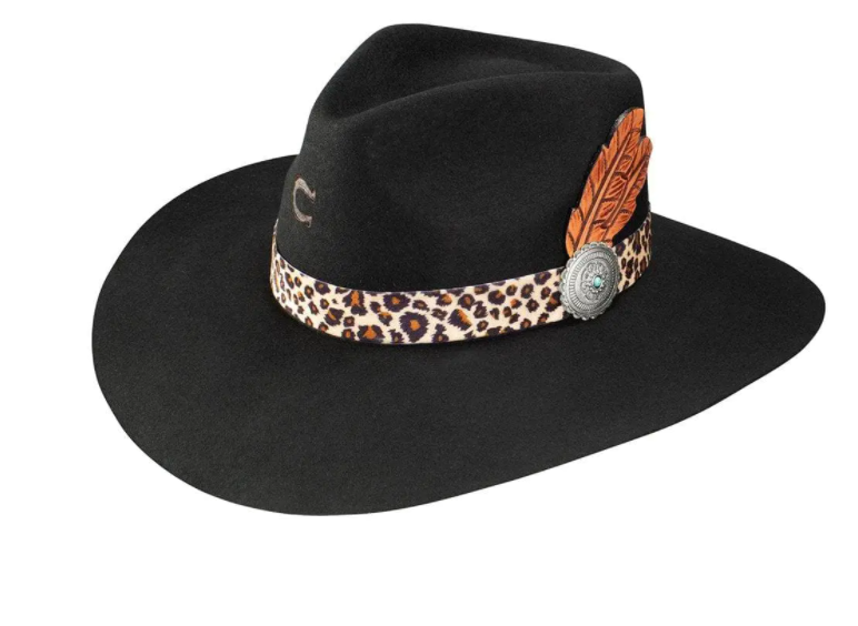 Charlie1 Horse Black wool hat with a precreased tracker crown and a flat brim, featuring a leopard hat band and a leather feather Concho.
