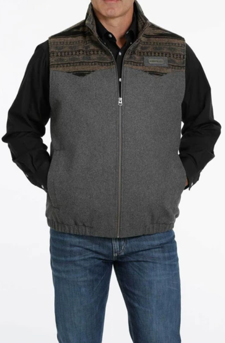 Cnch charcoal gray concealed carry wooly vest with black stripe lining. Front view.