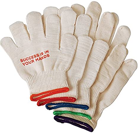 A collection of natural beige roping gloves with different colored glove borders to indicate the various sizes. The gloves have a text on the palm that says 'SUCCESS IS IN YOUR HANDS'