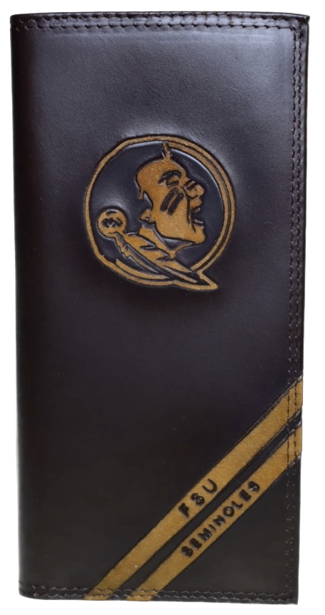 A Zep-Pro brown leather tall wallet featuring the Florida State University Seminoles logo near the wallet top in debossed design. Two debossed stripes angled on the bottom right read FSU Seminoles. Front view.