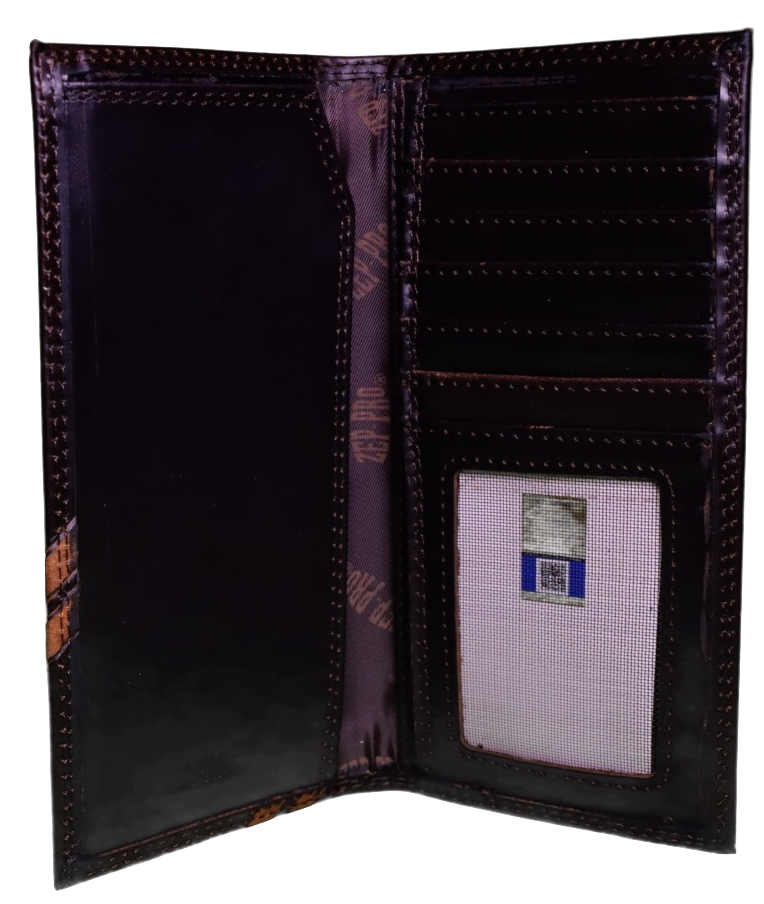 Zep-Pro Leather Florida State University Seminoles Brown Debossed Tall Wallet inside view showing:
6 interior credit card slots
1 ID window
2 bill/cash compartments