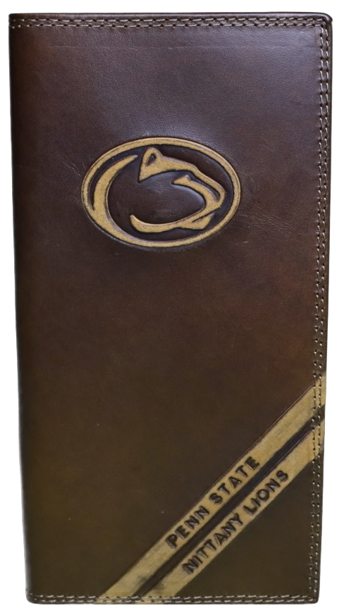 A Zep-Pro Brown Debossed Tall Wallet featuring the Penn State University Nittany Lions logo near the wallet top in debossed design. Two debossed stripes angled on the bottom right read Penn State Nittany Lions. Front view.