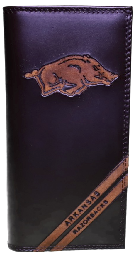 Zep-Pro Leather University of Arkansas Razorbacks Brown Debossed Tall Wallet featuring the Razorback logo near the wallet top in debossed design. Two debossed stripes angled on the bottom right read Arkansas Razorbacks. Front view