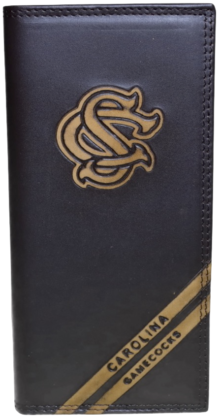 Zep-Pro Leather University of South Carolina Gamecocks Brown Debossed Tall Wallet featuring the SC logo near the wallet top in debossed design. Two debossed stripes angled on the bottom right read Carolina Gamecocks. Front view