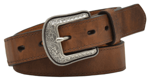 Youth size brown distressed leather belt with silver tone western buckle.