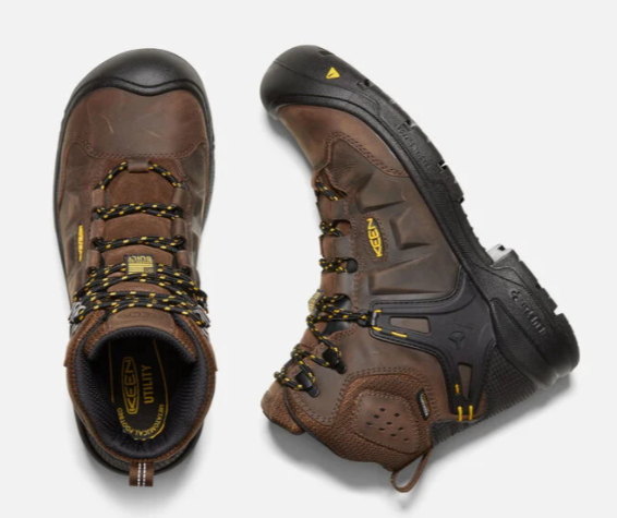 Keen Men's Dover 6 inch waterproof boots with carbon-fiber toe in dark earth and black. The boots have lace-up closure and a rubber outsole. Top and side view.