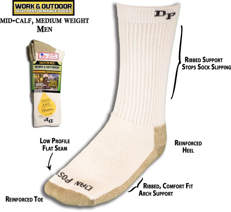 DAN POST men's mid-calf medium weight boot socks in natural color with features ribbed support, reinforced heel, and low profile toe seam.