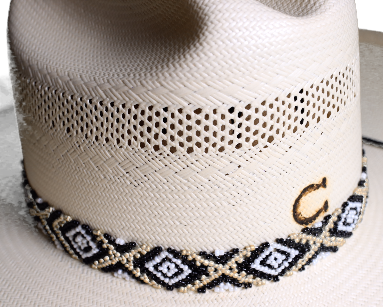This beaded hat band features stretch so it fits all hats. It is Black, Gold, and White. Close up view