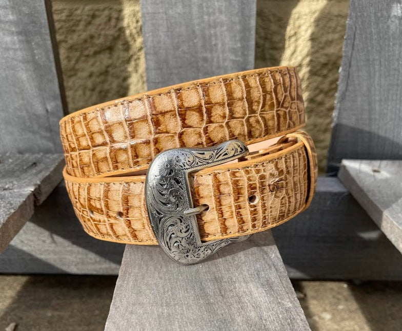 Cowtown Oryx Caiman Belly Print Leather Belt