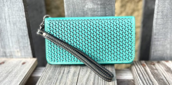 Turquoise Basketweave leather phone case wallet with wristlet strap. Front View