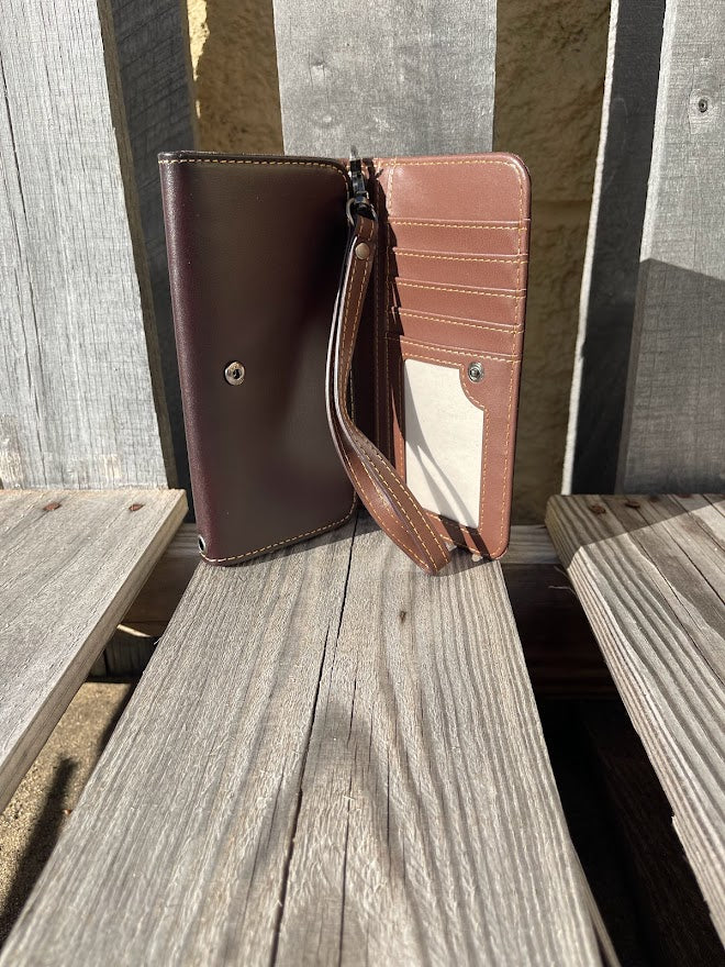 Coffee Brown leather phone case wallet with turquoise inlay and a wristlet strap. Inside view showing multiple card slots and a ID window.